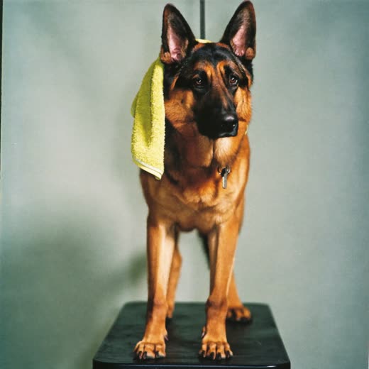 A large breed dog being dried after a wash